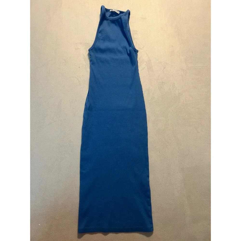 zara blue bodycon dress NWOt Zara Blue Ruched Textured Midi Dress Size Large